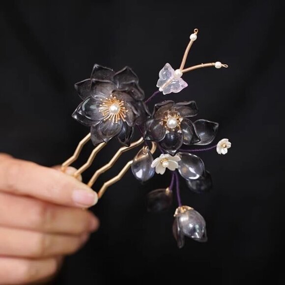 Black Resin Camellia Hairpin Set with 3 Flowers Gothic Elegant Accessory